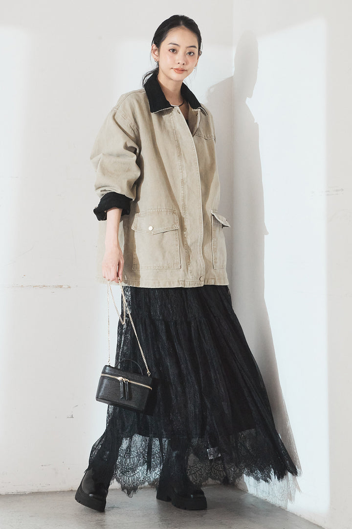 [SET]襟コーデュロイデザインデニム調カバーオール+ひげレース切替ロング丈スカート(2set)