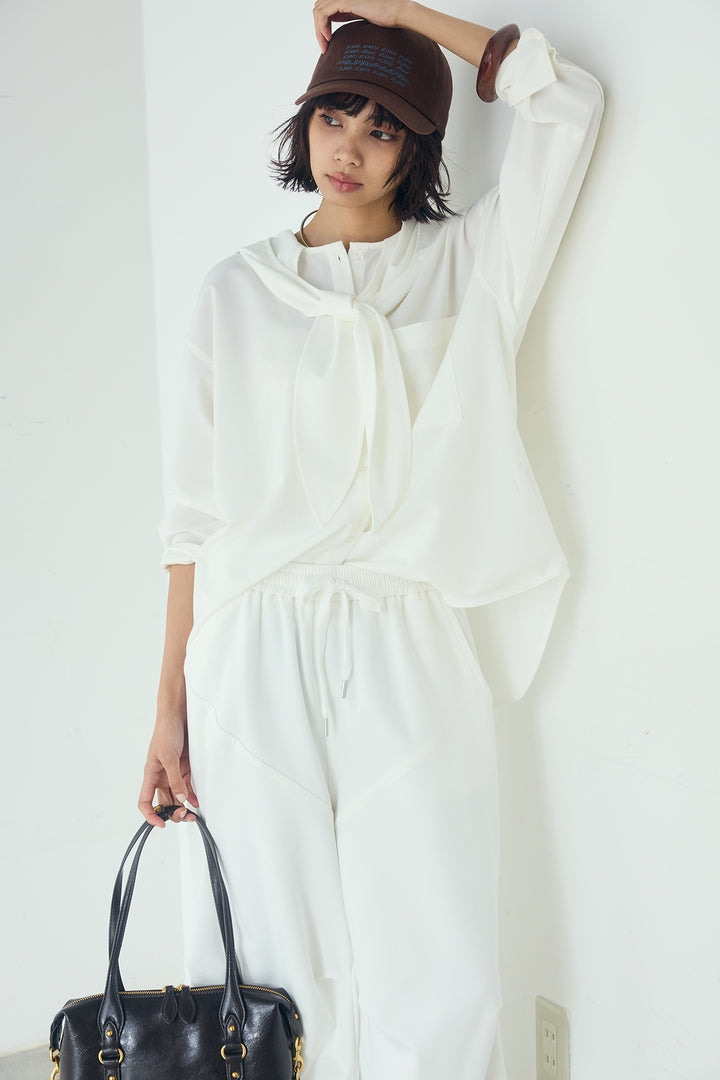 [SET]無地タイ付フーディーBIGシャツ+ランダムタックデザインワイドパンツ(2set)