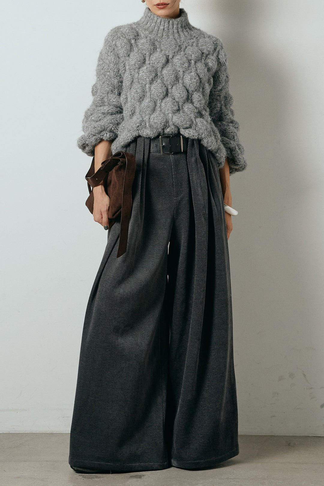 [SET]ボリュームポップコーンニットトップス+ベルトループコーデュロイワイドパンツ(2set)