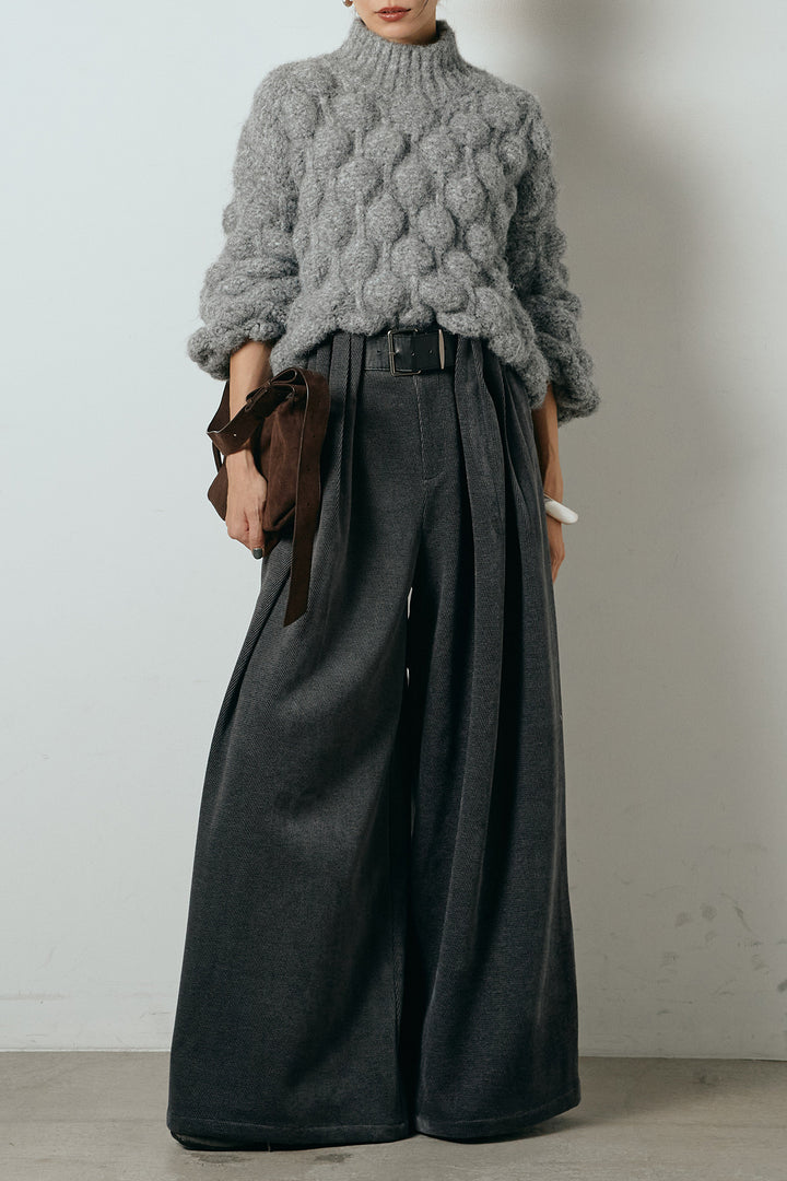 [SET]ボリュームポップコーンニットトップス+ベルトループコーデュロイワイドパンツ(2set)