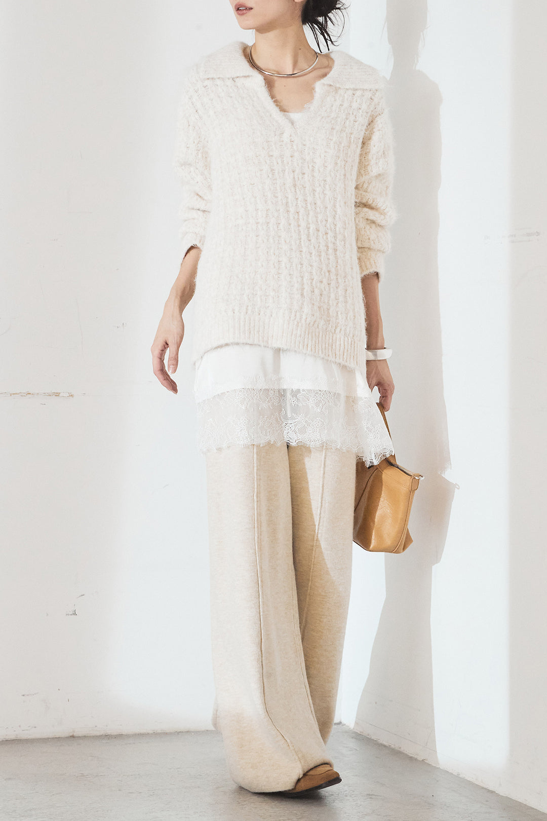 [SET]襟付きVネックニットトップス+センターラインニットパンツ(2set)