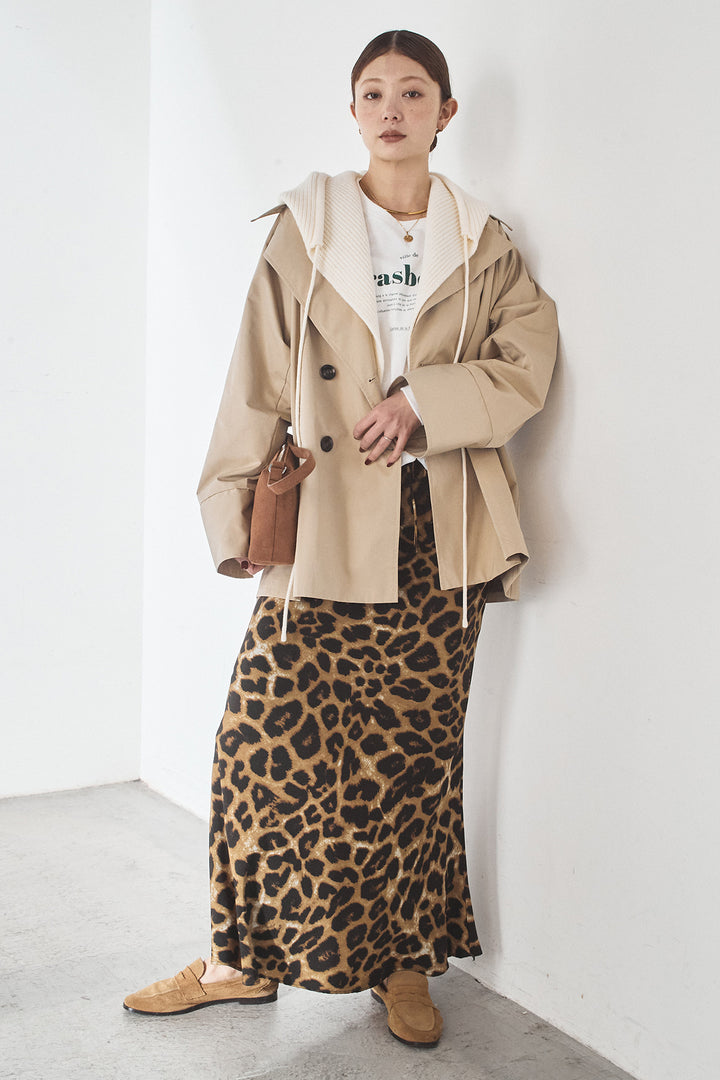 [SET]ナイロントレンチコート+レオパードサテンナロースカート(2set)