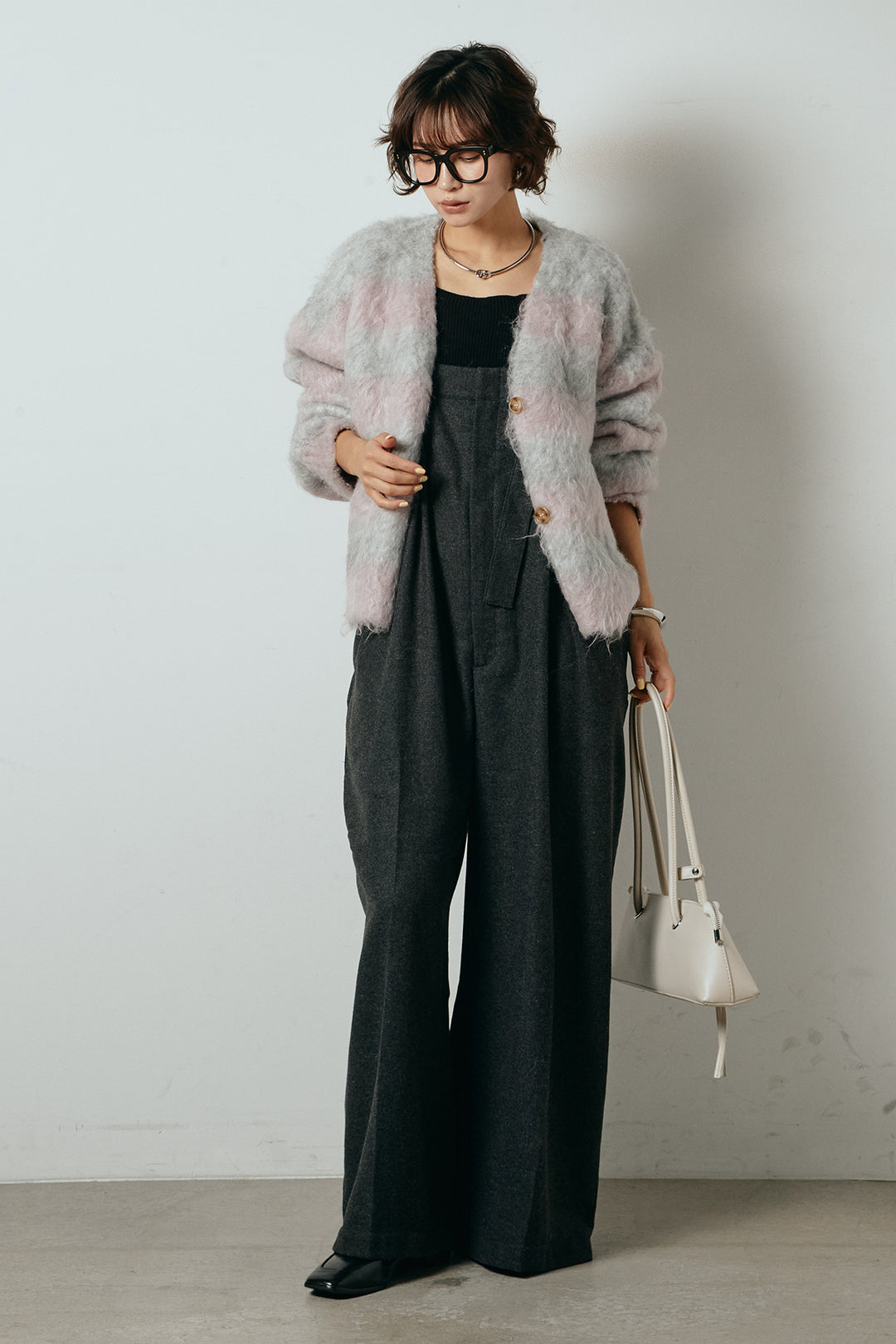 [SET]シャギーボーダー柄ニットカーディガン+ウール混フランネルワイドサロペット(2set)