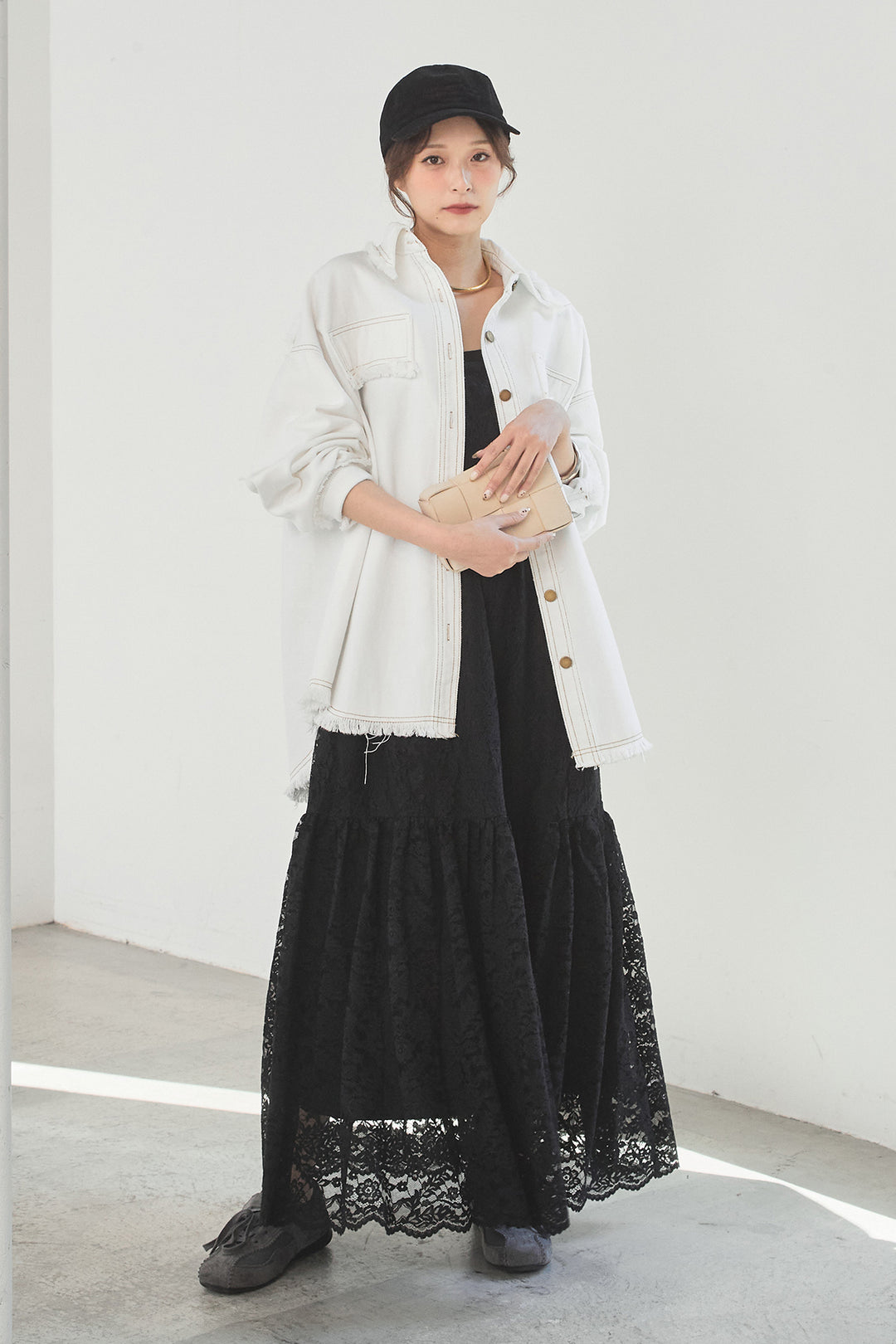 [SET]フリンジデニムジャケット+レース刺繍フレアキャミワンピース(2set)