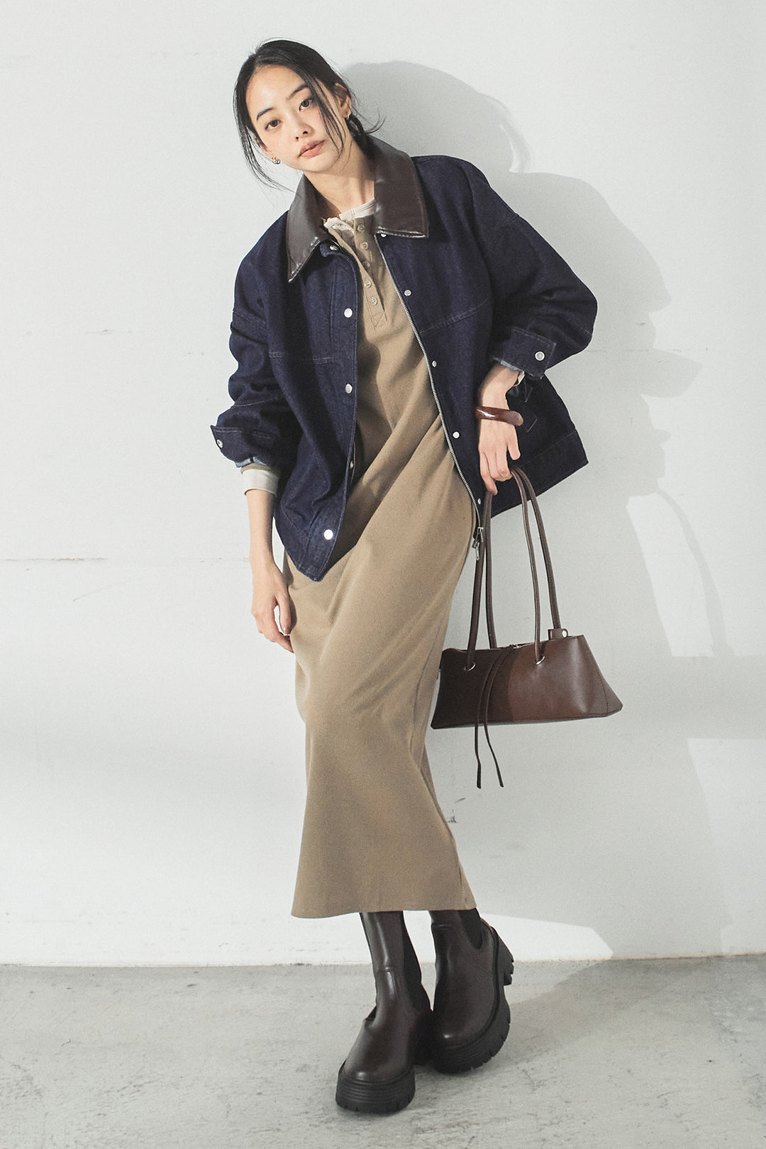 [SET]加工デニムレザー襟付きデニムブルゾン+カットリブレイヤードヘンリーネックワンピース(2set)