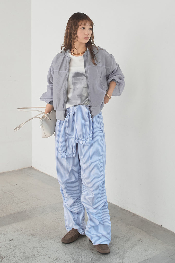 [SET]シアー×ポンチブルゾン+ストライプウエスト巻きジョガーパンツ(2set)