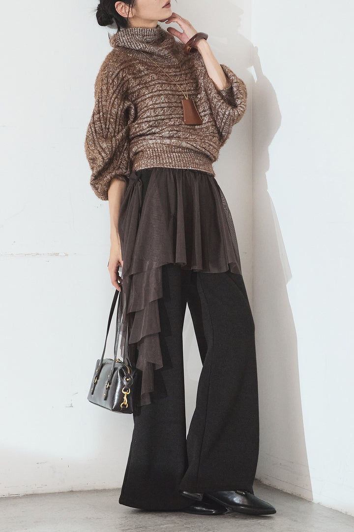 [SET]ミックス編みドルマンニットトップス+チュールレイヤードニットパンツ(2set)