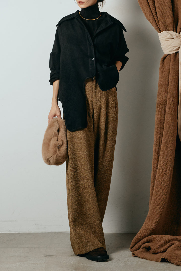 [SET]裾アシンメトリーデザインシャツ+タックツイードワイドパンツ+リブニットシームレスタートルプルオーバー(3set)