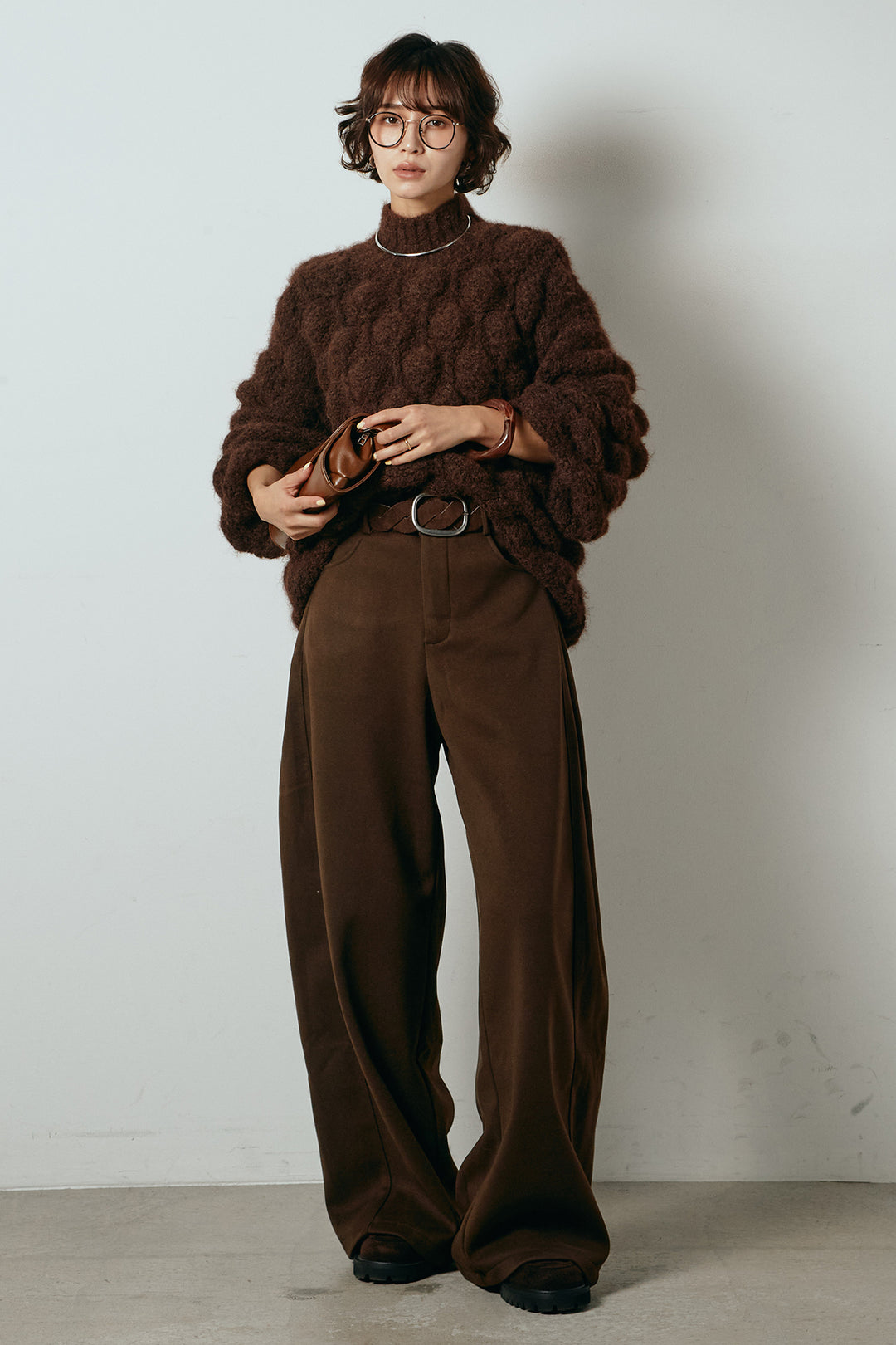 [SET]ボリュームポップコーンニットトップス+編みベルト付きワイドパンツ(2set)