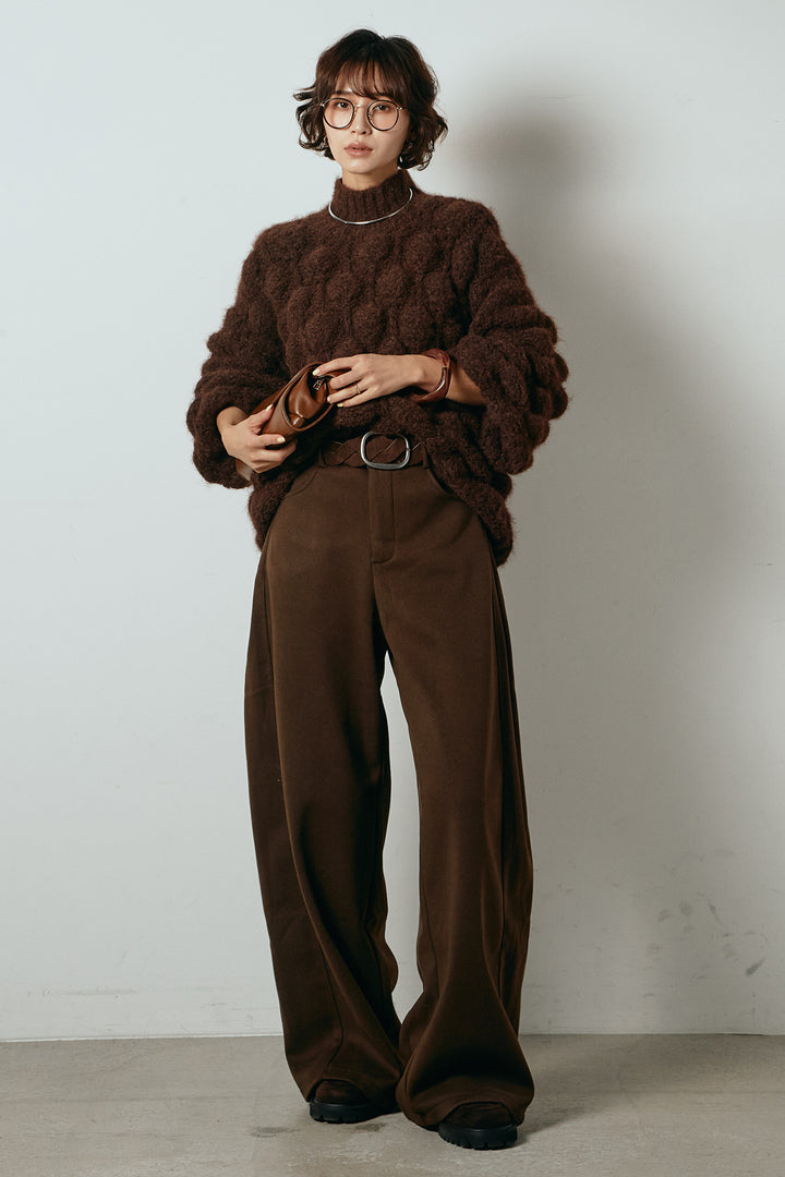 [SET]ボリュームポップコーンニットトップス+編みベルト付きワイドパンツ(2set)