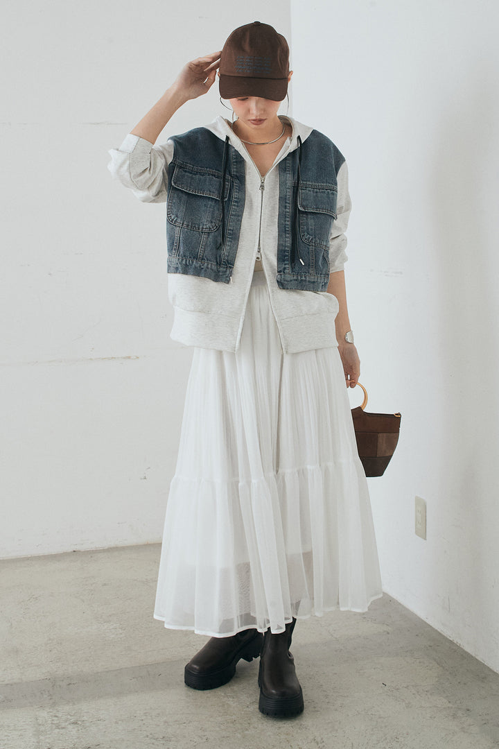 [SET]デニム切替ポンチダブルジップパーカー+ボリュームシルエットチュールスカート(2set)