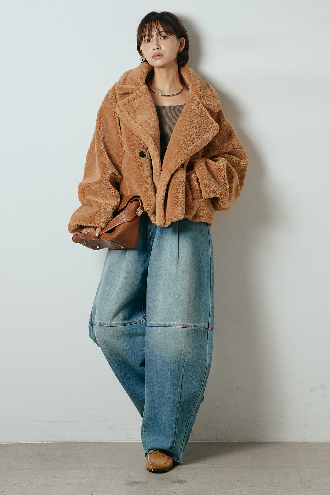 【2月中旬発送】
[SET]テディボアショートジャケット+加工デニムタックコクーンワイドパンツ(2set)