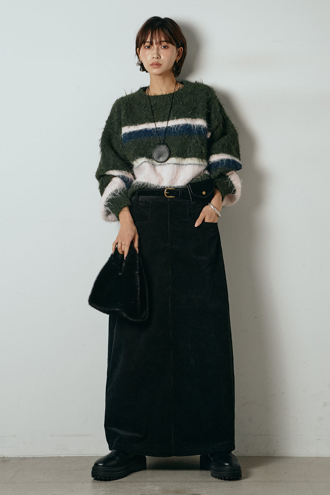 [SET]起毛配色マルチボーダーニットトップス+ポーチベルト付きコーデュロイワイドスカート(2set)