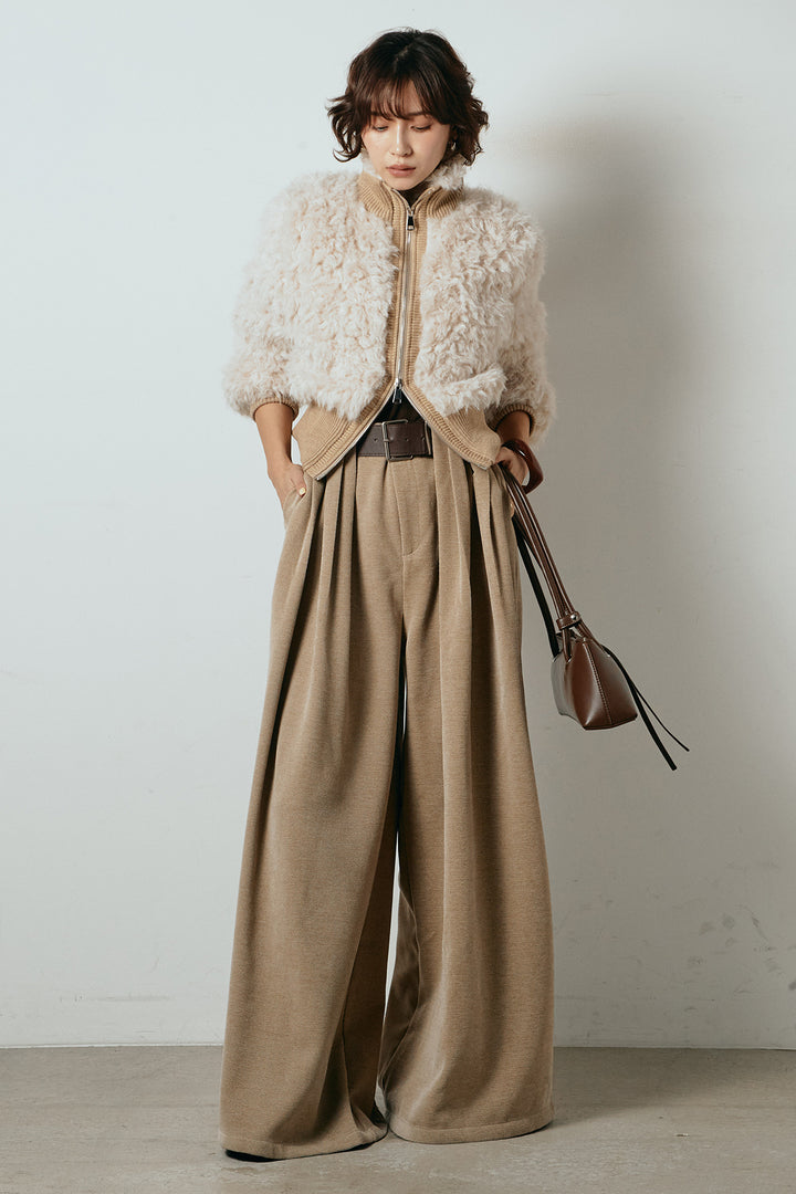 [SET]ハイネックショート丈ボアジップブルゾン+ベルトループコーデュロイワイドパンツ(2set)