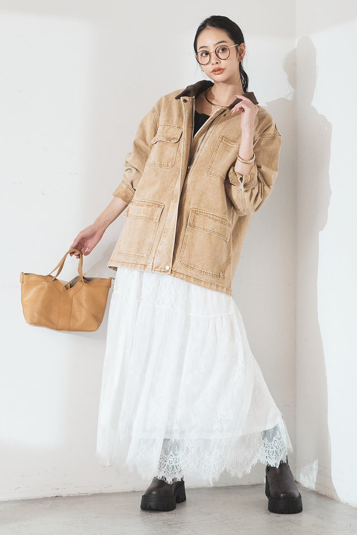 [SET]襟コーデュロイジップデニム調カバーオール+ひげレース切替ロング丈スカート(2set)