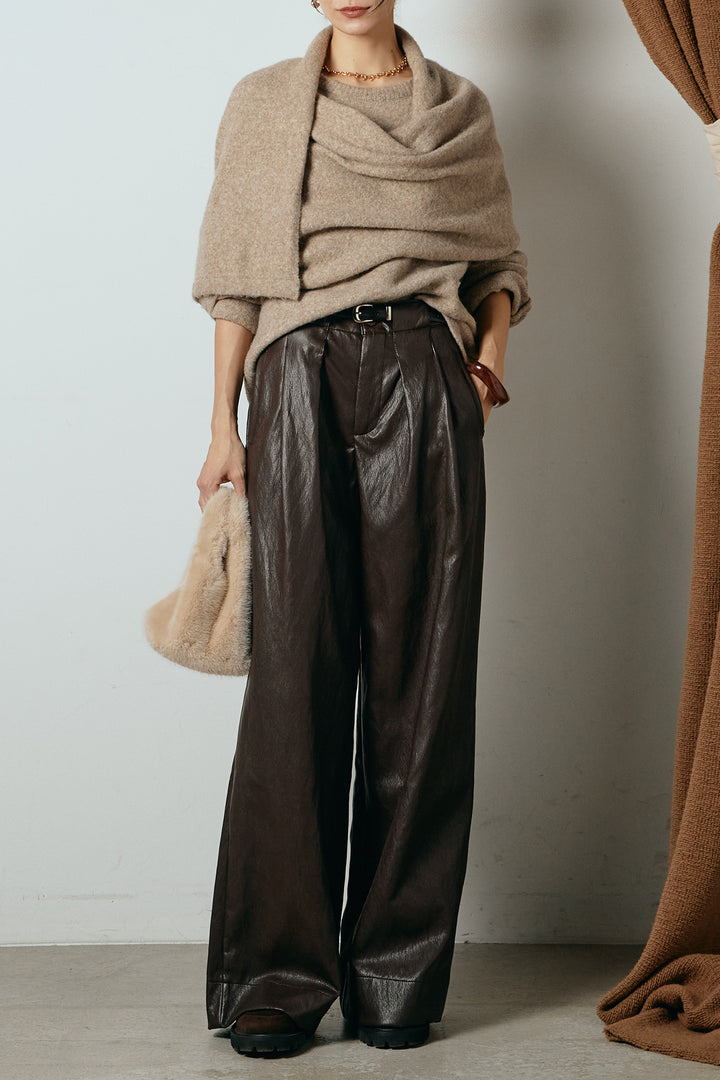 [SET]ネック巻きデザインニットトップス+ベルト付きレザーライクタックパンツ(2set)