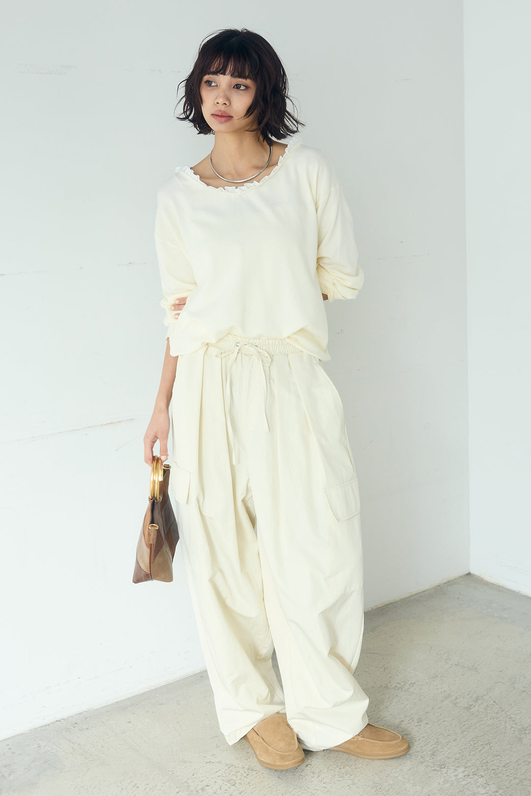 [SET]クールクール異素材コンビオフショルプルオーバー+撥水ジョガーパンツ(2set)