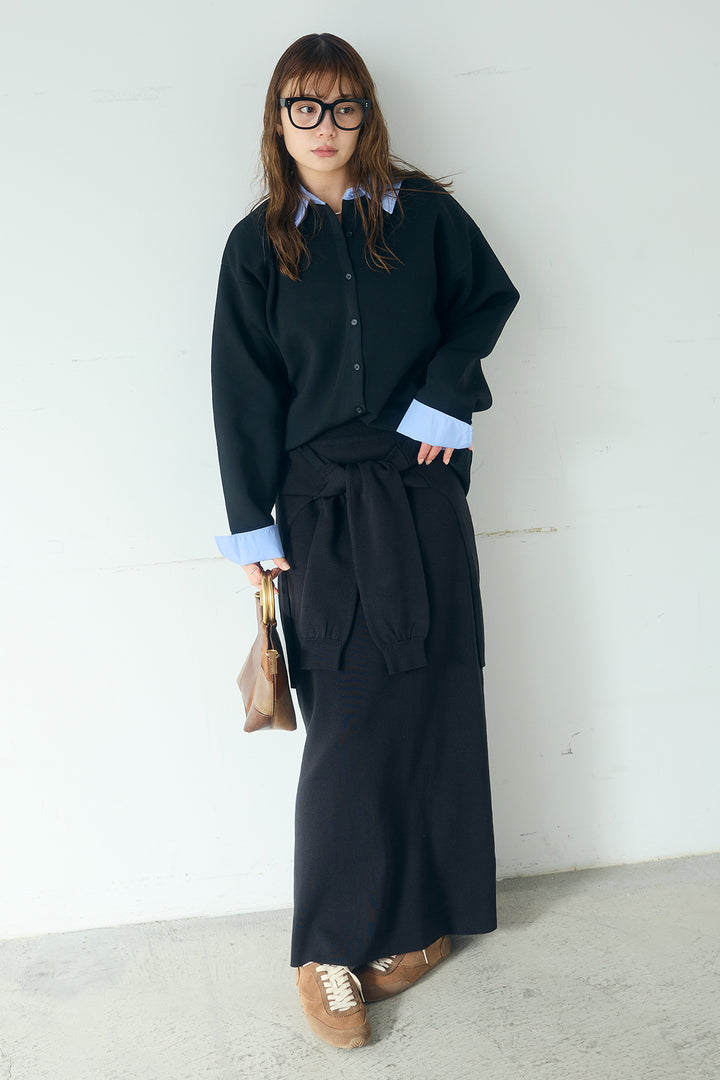 [SET]シャツレイヤード風カーディガン+レイヤードニット巻きスカート(2set)