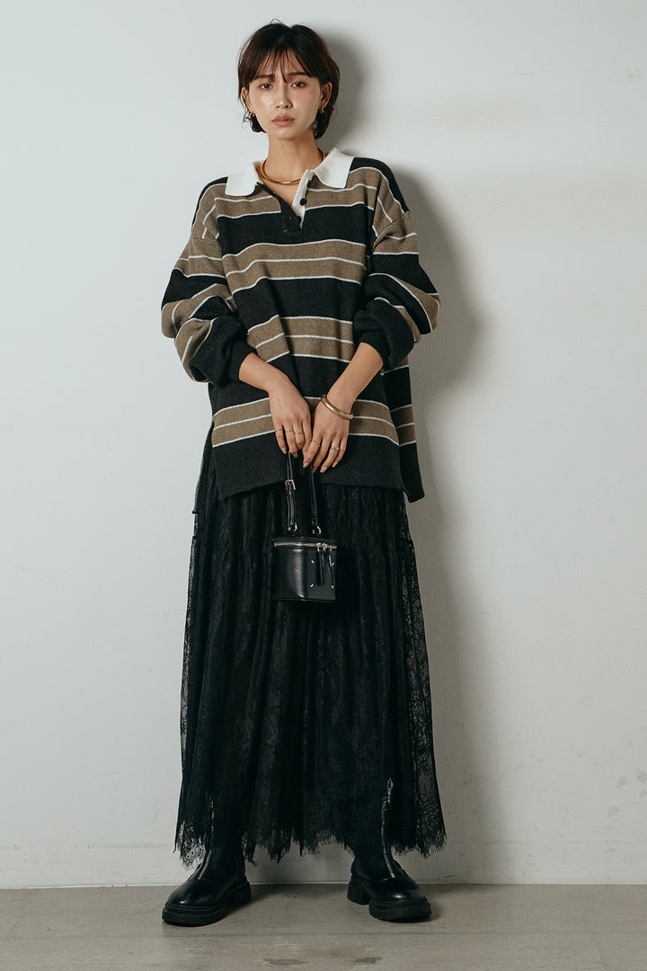 [SET]ラガーニットボーダーポロプルオーバー+ひげレース切替ロング丈スカート(2set)
