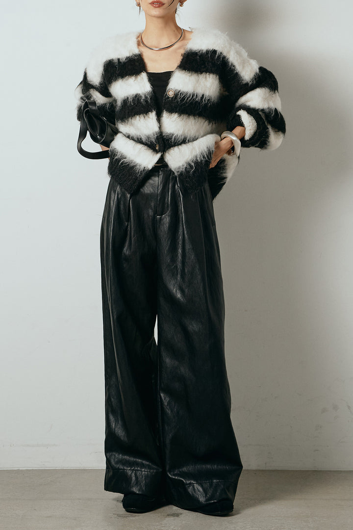 [SET]シャギーボーダー柄ニットカーディガン+ベルト付きレザーライクタックパンツ(2set)