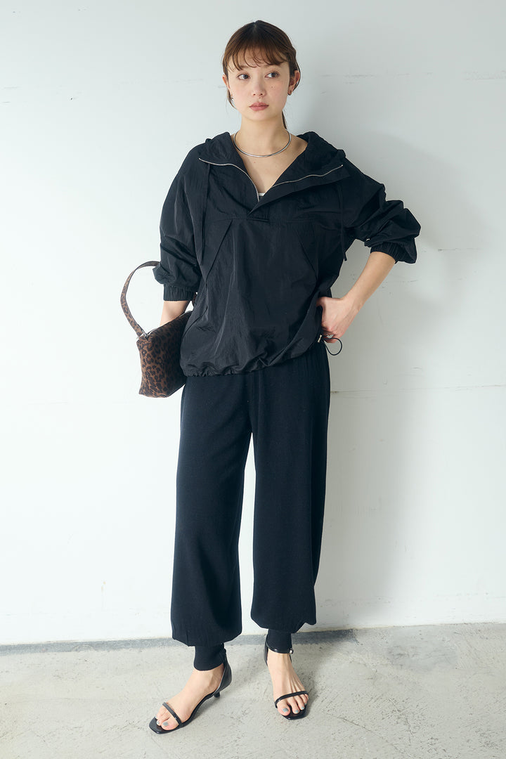 [SET]ナイロンフーディーブルゾンアウター+裾絞りリブニットパンツ(2set)