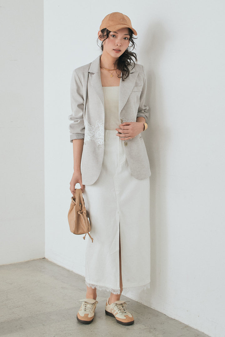 [SET]リネンタッチレースデザインジャケット+裾レースデザインデニムスカート(2set)