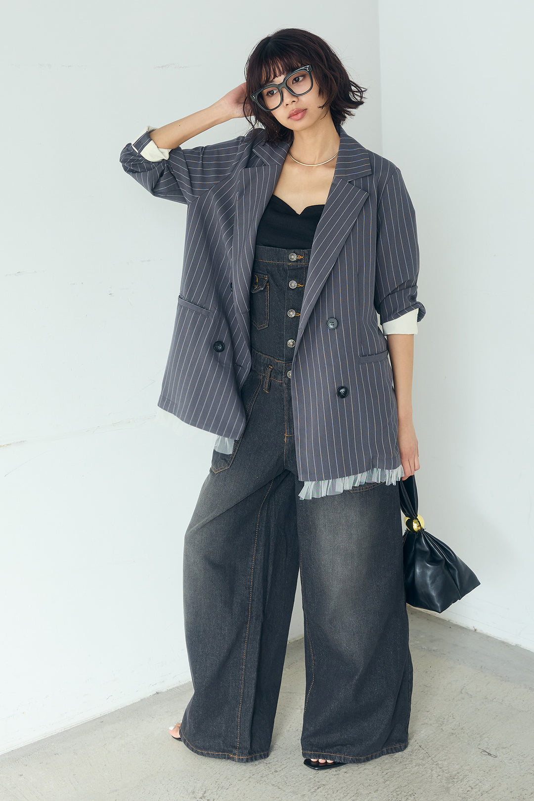 [SET]裾フリルダブルジャケット+デニムサロペットワイドパンツ(2set)