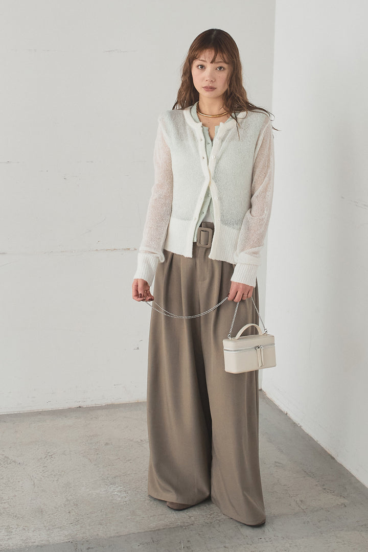 [SET]モヘア透かし編みレイヤードアンサンブルセット+ベルト付きツータックワイドパンツ(2set)