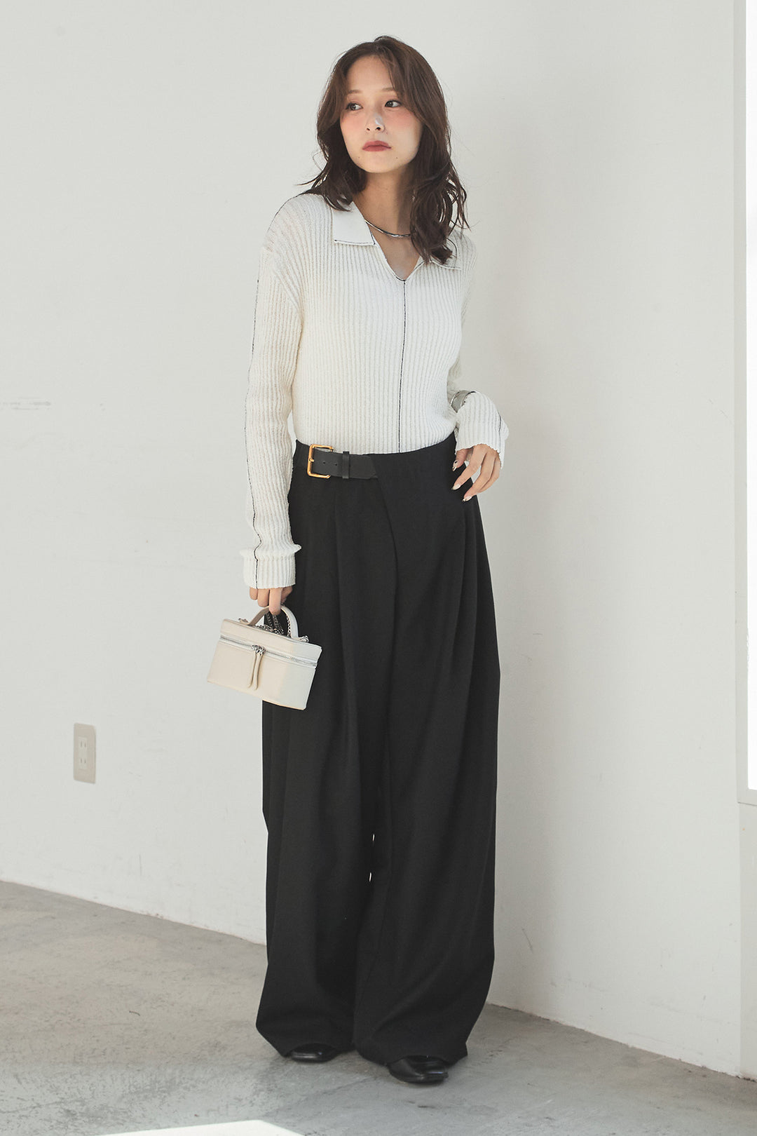 [SET]衿付きニットプルオーバー+サイドベルトタック入りスラックス(2set)