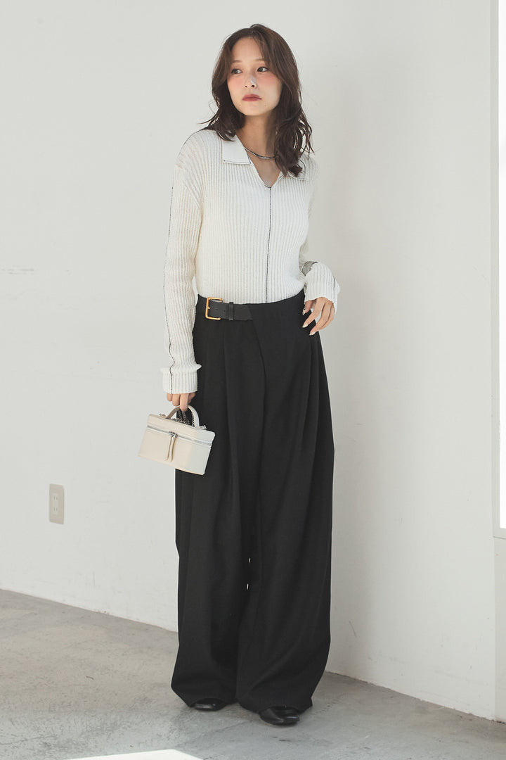 [SET]衿付きニットプルオーバー+サイドベルトタック入りスラックス(2set)