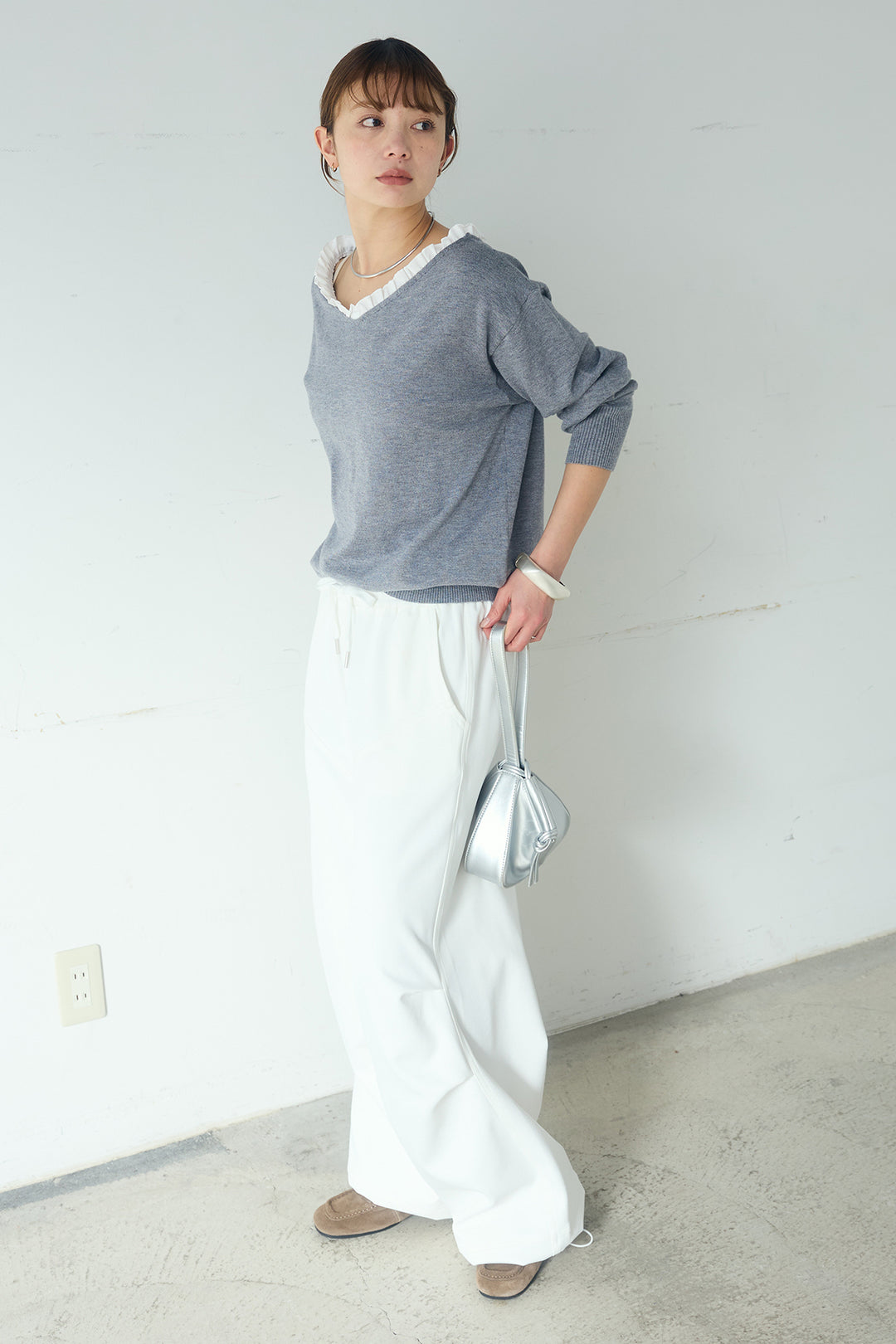 [SET]クールクール異素材コンビオフショルプルオーバー+ランダムタックデザインワイドパンツ(2set)