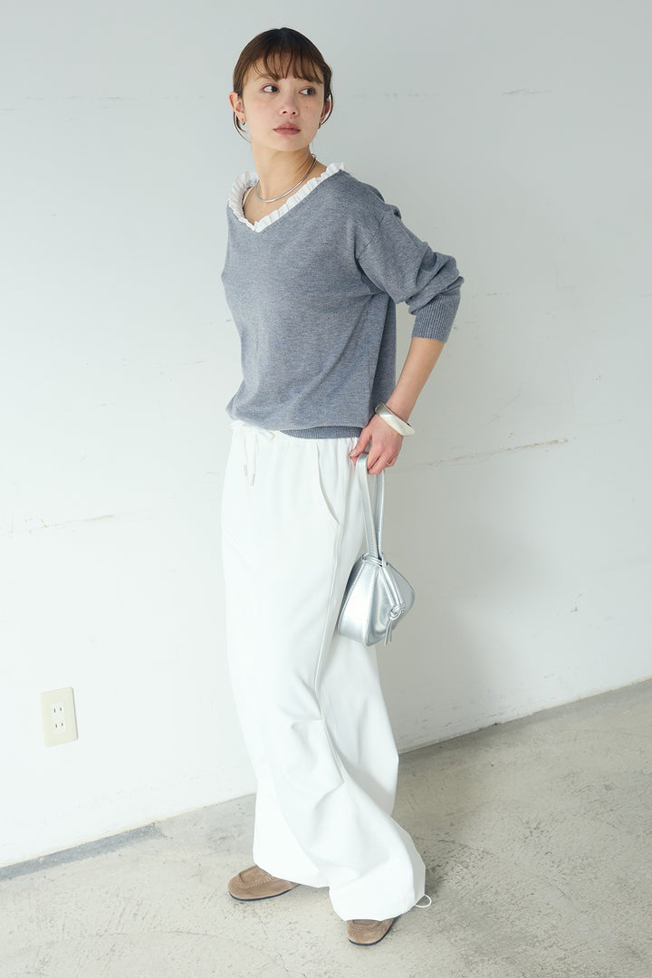 [SET]クールクール異素材コンビオフショルプルオーバー+ランダムタックデザインワイドパンツ(2set)
