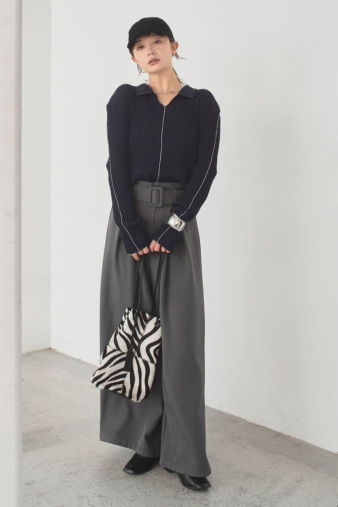 [SET]衿付きニットプルオーバー+ベルト付きツータックワイドパンツ(2set)