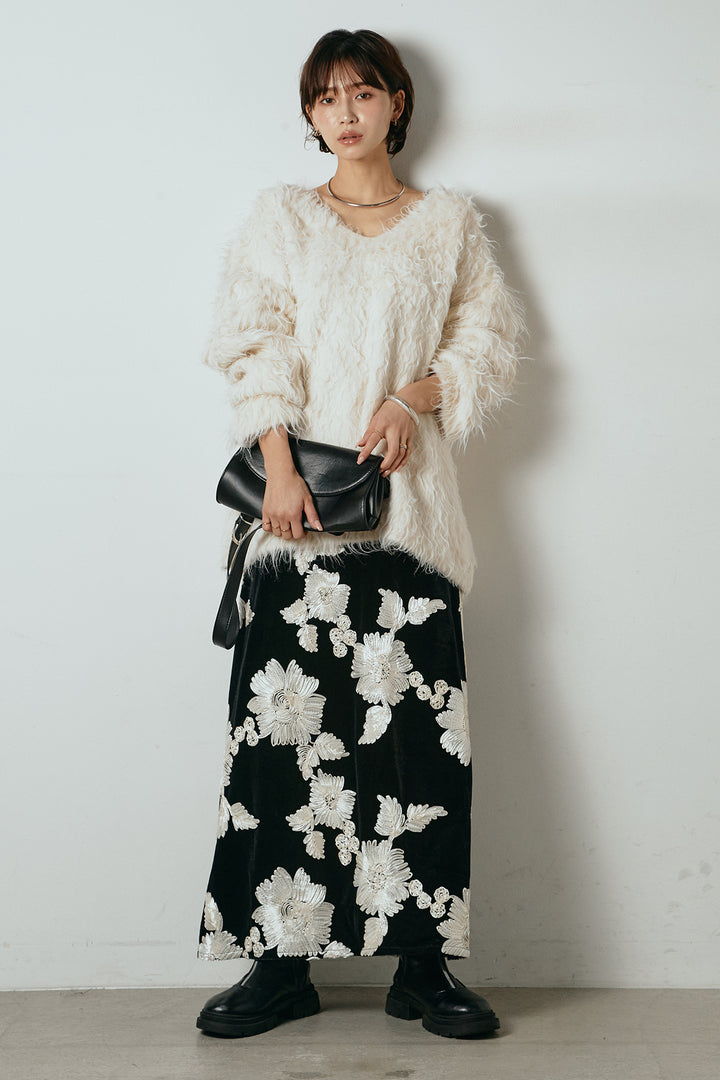 [SET]深Vネックシャギーニットトップス+フラワー刺繍ワイドスカート(2set)