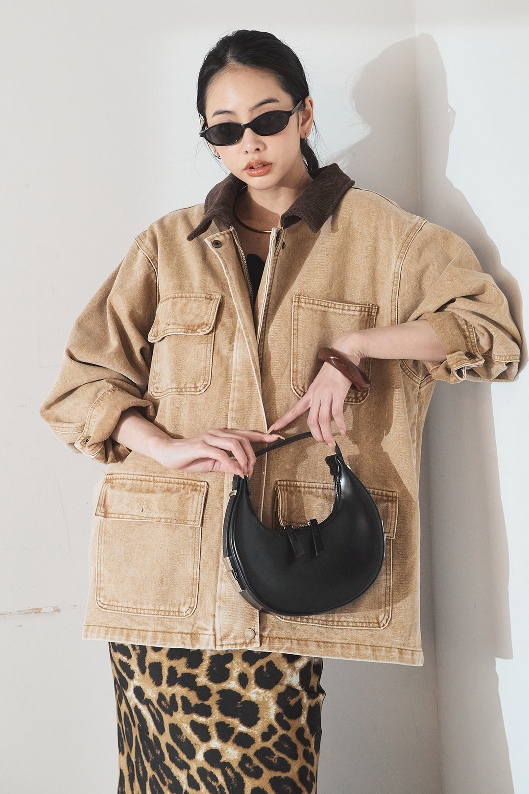 [SET]襟コーデュロイジップデニム調カバーオール+レオパードサテンナロースカート(2set)