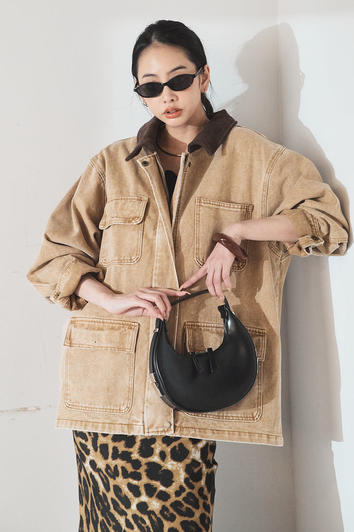 [SET]襟コーデュロイジップデニム調カバーオール+レオパードサテンナロースカート(2set)