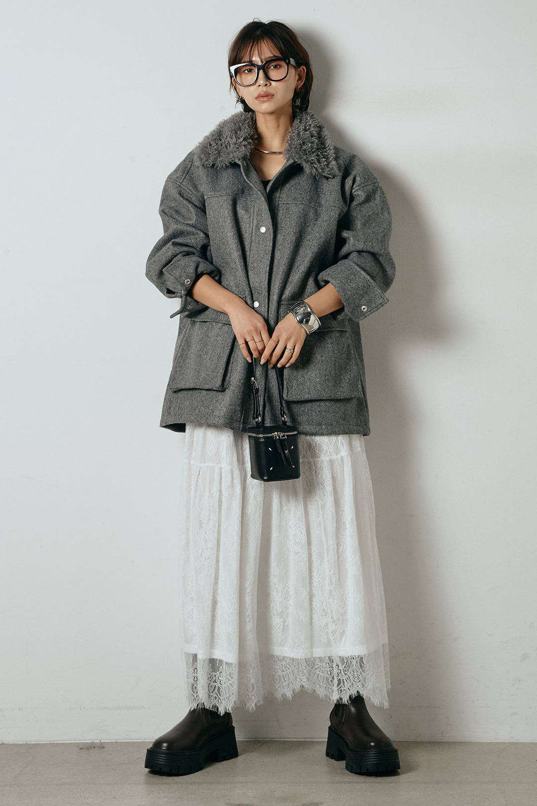 [SET]エコウール衿ファー薄中綿入りミドルカバーオール+ひげレース切替ロング丈スカート(2set)