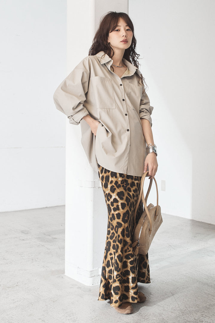 [SET]ウォッシャブルエコレザービックカフスシャツ+レオパードサテンナロースカート(2set)