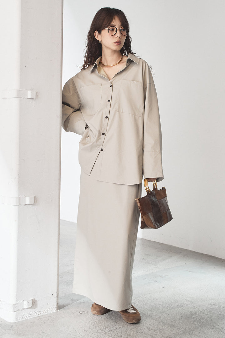 [SET]ウォッシャブルエコレザービックカフスシャツ+ウォッシャブルエコレザーナロースカート(2set)