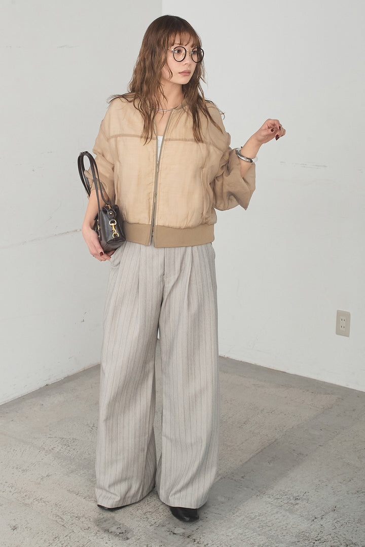 [SET]シアー×ポンチブルゾン+細ベルト付きピンストライプワイドパンツ(2set)
