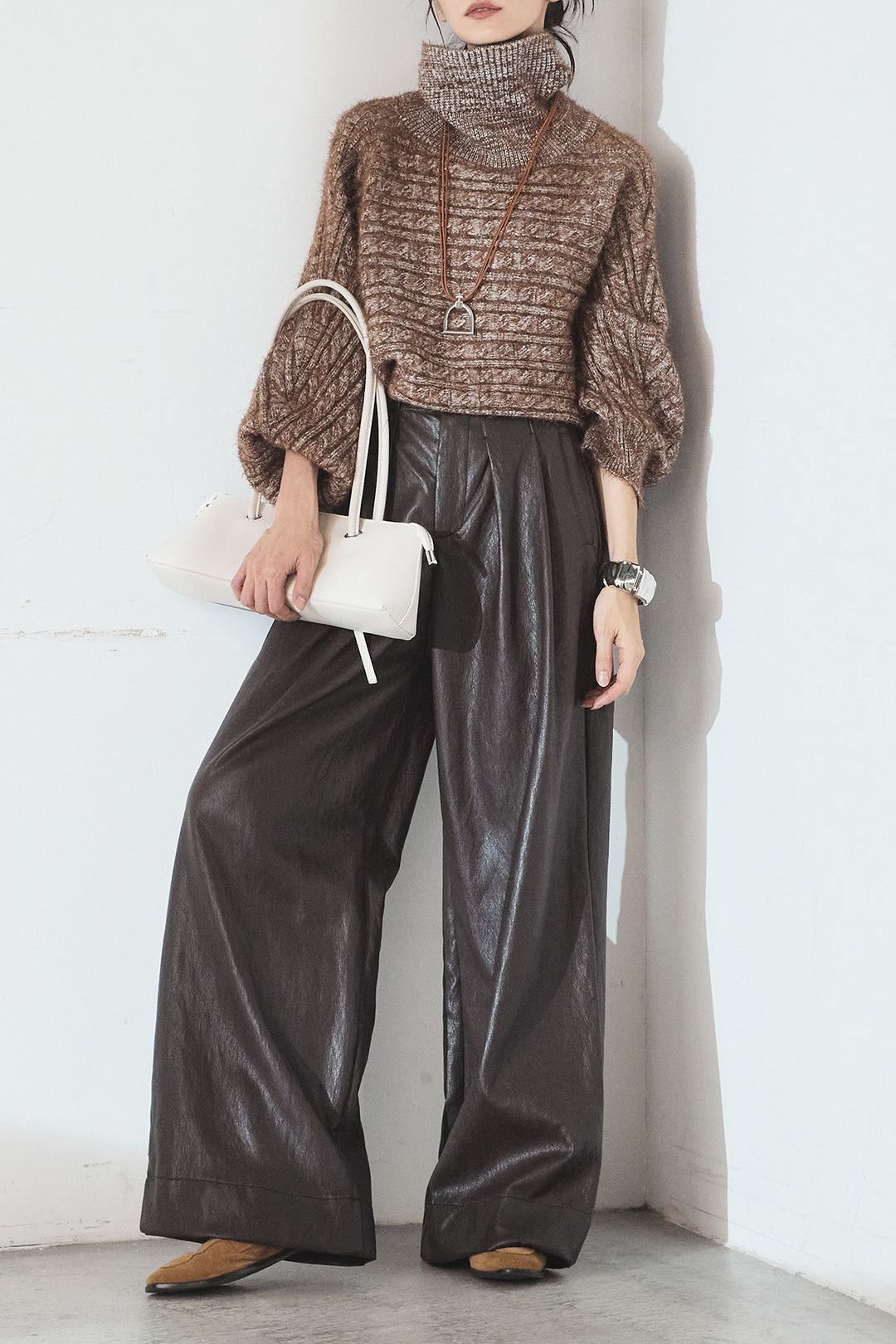 [SET]ミックス編みドルマンニットトップス+ベルト付きレザーライクタックパンツ(2set)