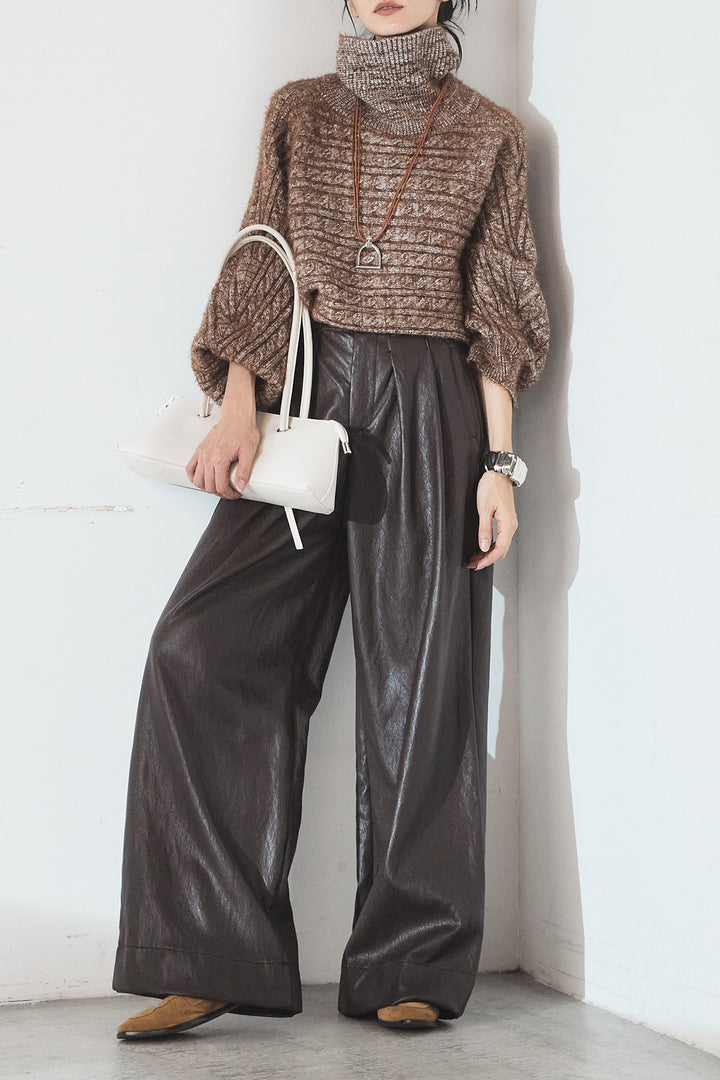 [SET]ミックス編みドルマンニットトップス+ベルト付きレザーライクタックパンツ(2set)