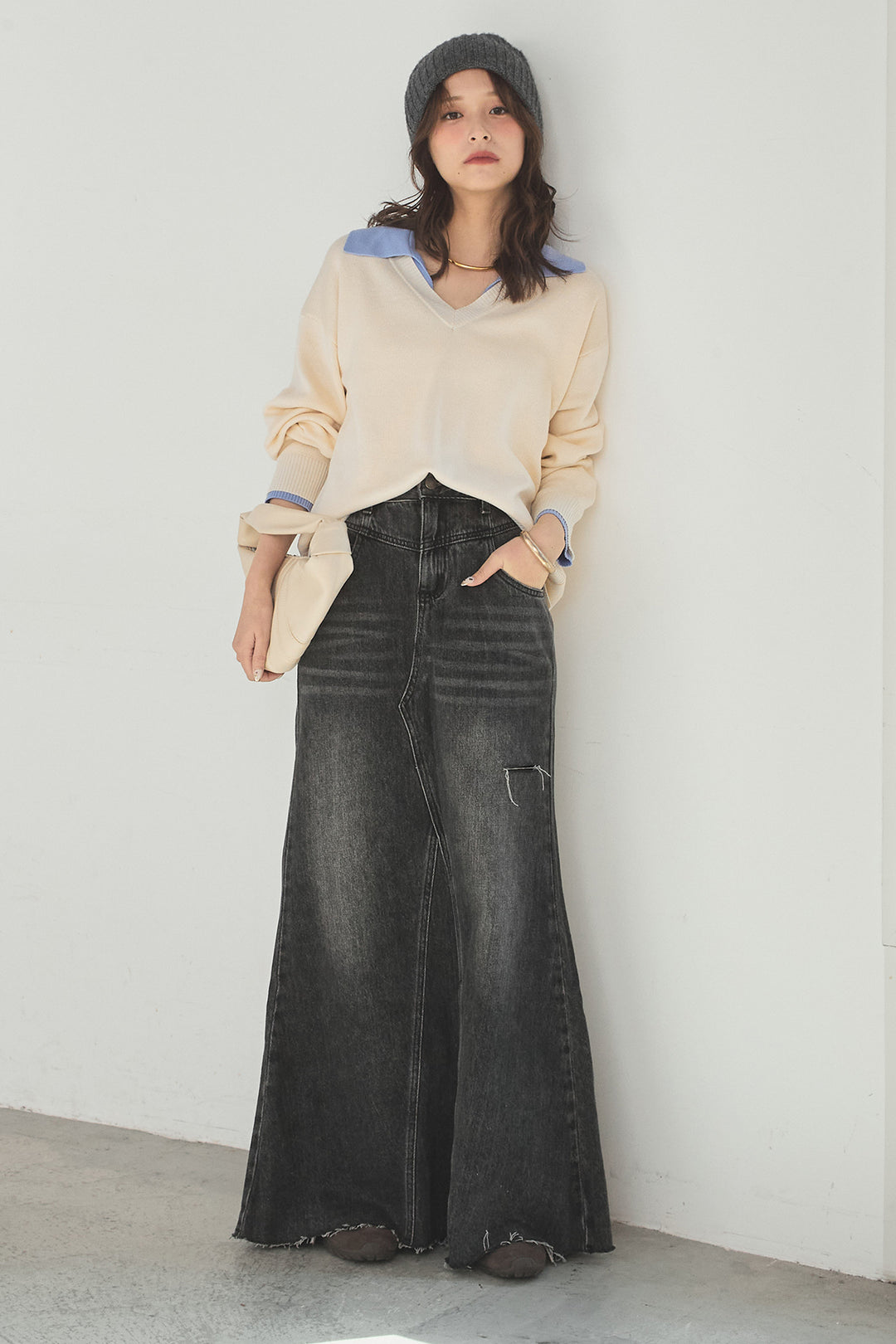 [SET]バイカラーニットレイヤード風プルオーバー+Aラインデニムスカート(2set)