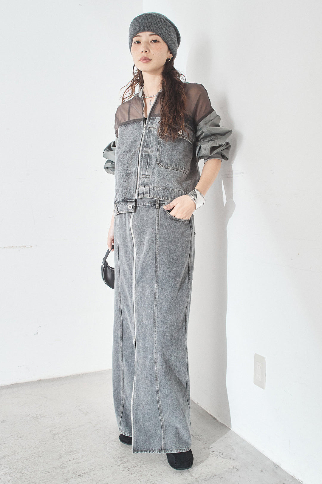 [SET]デニムコンビネーションブルゾン+フロントジップデニムスカート(2set)