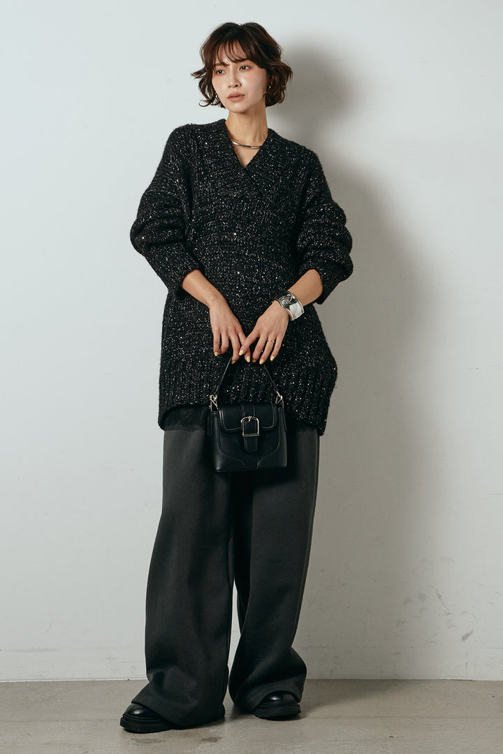 [SET]Vネックラメニットトップス+裏起毛スウェットワイドパンツ(2set)