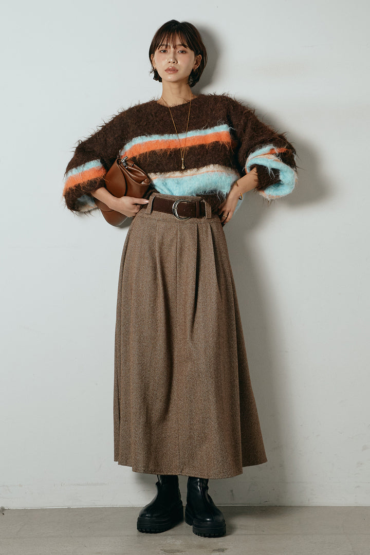 [SET]起毛配色マルチボーダーニットトップス+太ベルト付きヘリンボーンプリーツスカート(2set)