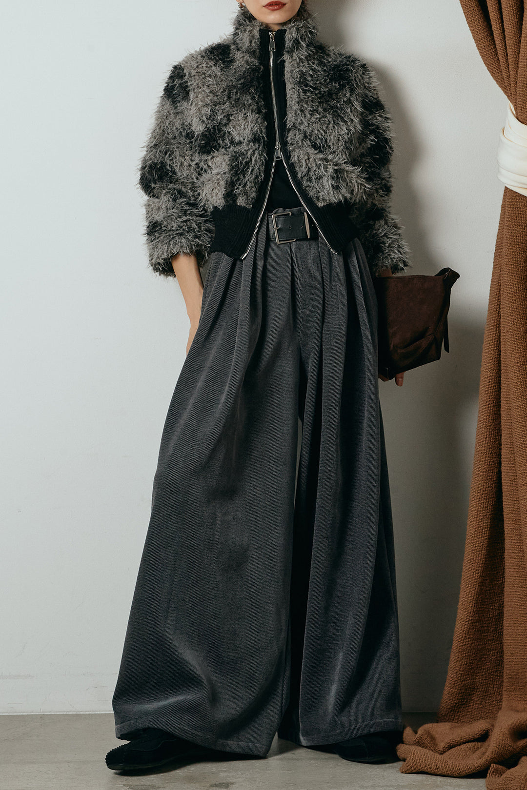 [SET]エコファースタンドカラーニュアンス柄ブルゾン+ベルトループコーデュロイワイドパンツ(2set)