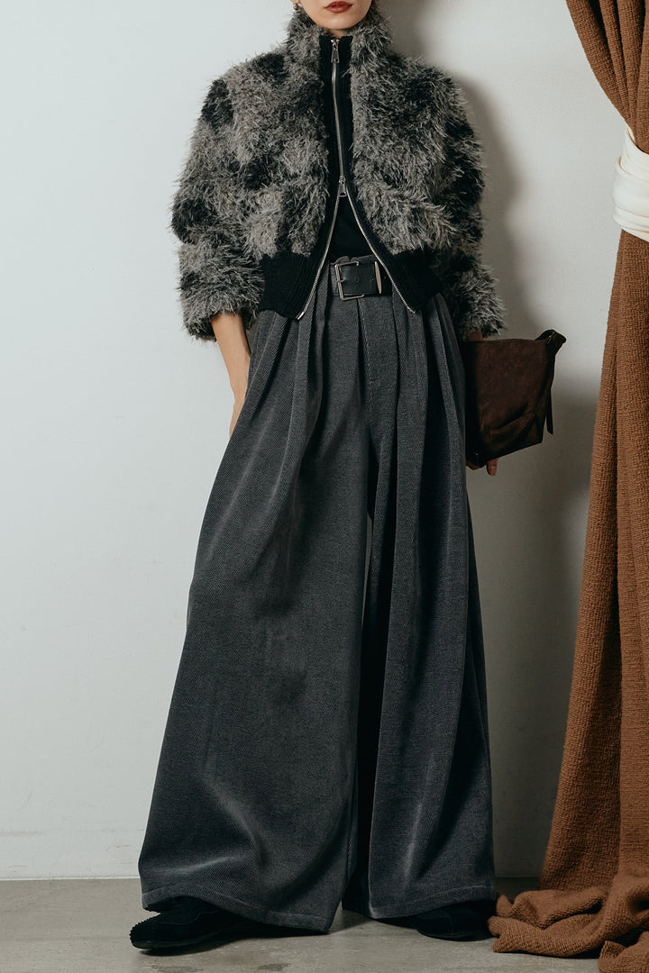 [SET]エコファースタンドカラーニュアンス柄ブルゾン+ベルトループコーデュロイワイドパンツ(2set)