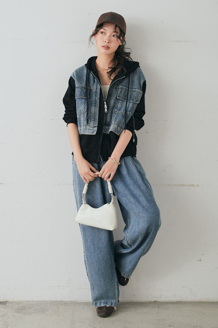 [SET]デニム切替ポンチダブルジップパーカー+テンセルデニムイージーワイドパンツ(2set)