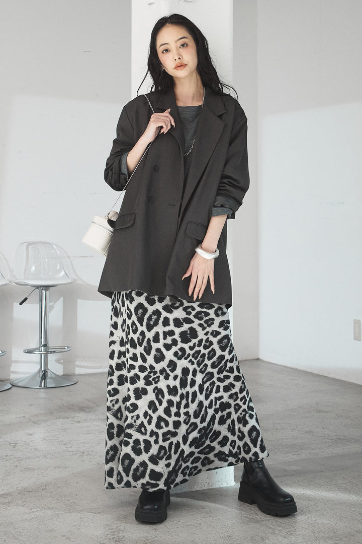 [SET]ルーズシルエットダブルテーラードジャケット+レオパードサテンナロースカート(2set)